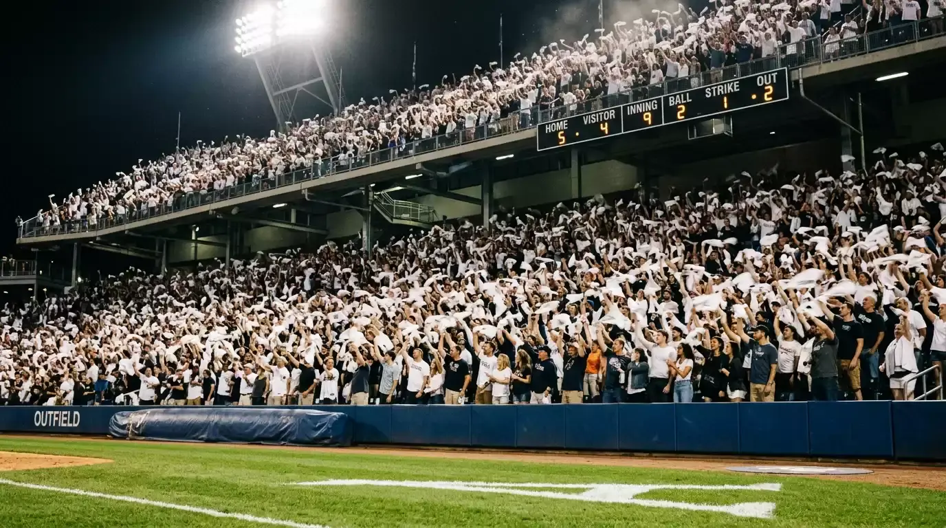 Packed MLB stadium crowd during a postseason home game with fans waving towels and the field visible below