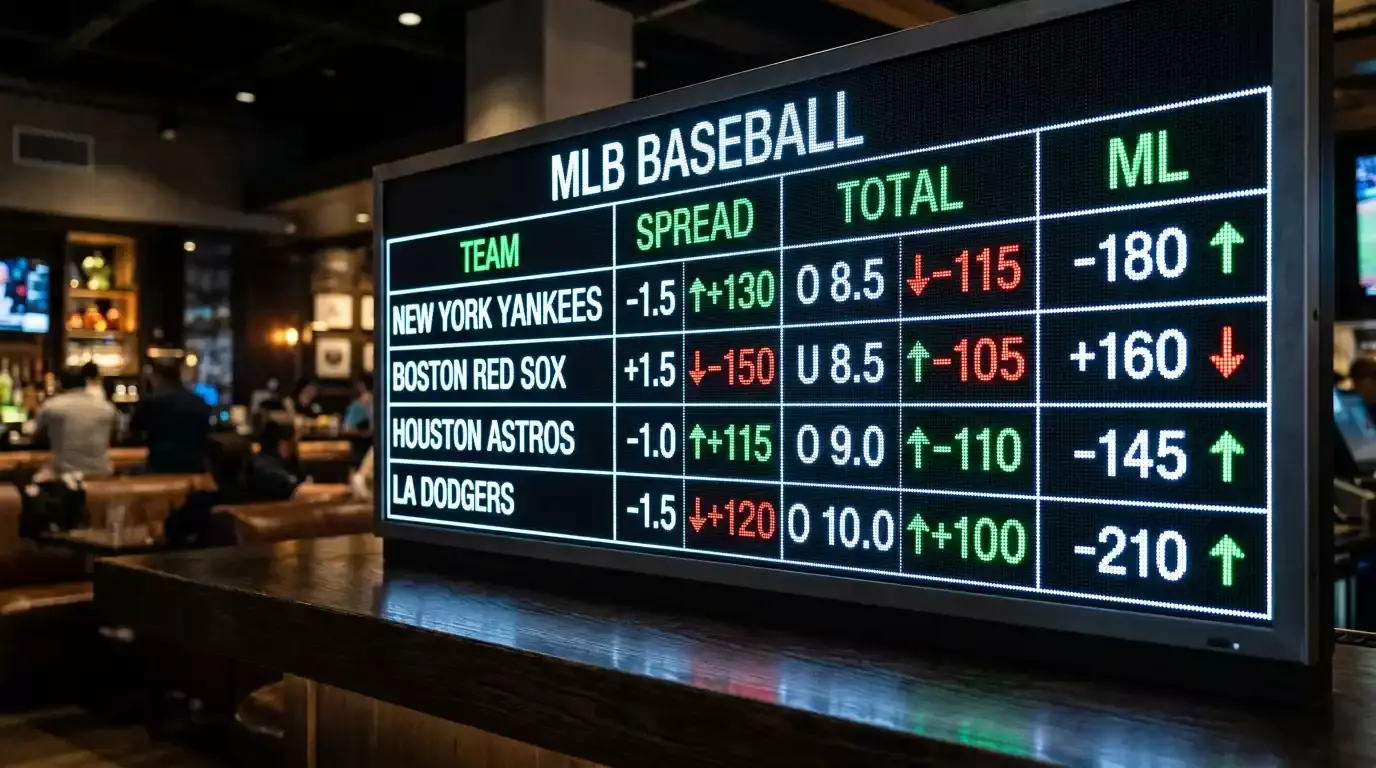 Close-up of a sportsbook display board showing shifting MLB series odds and moneyline prices between games