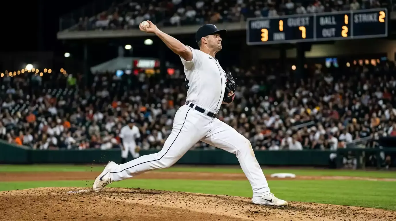 Baseball pitcher mid-delivery on the mound under stadium lights during an MLB postseason game