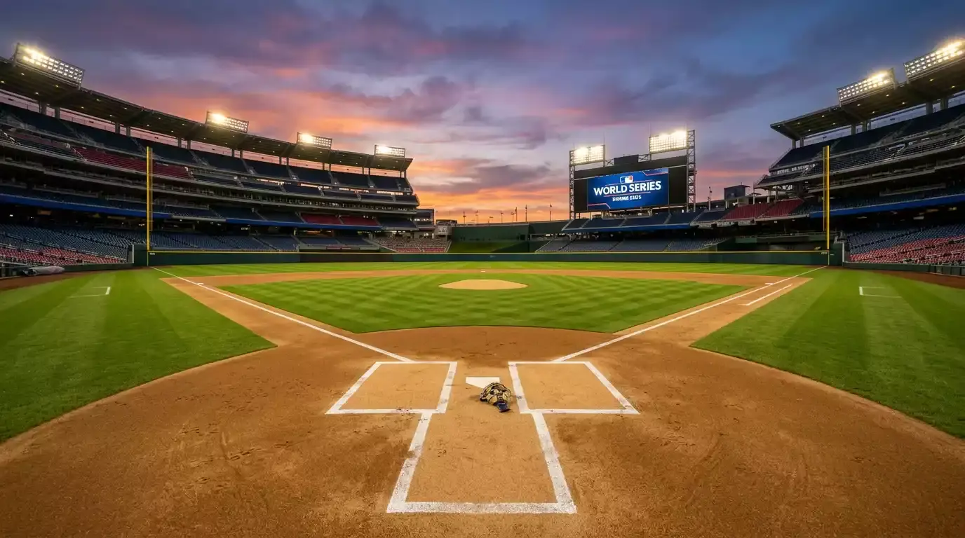 Baseball diamond under stadium lights before an MLB playoff series game