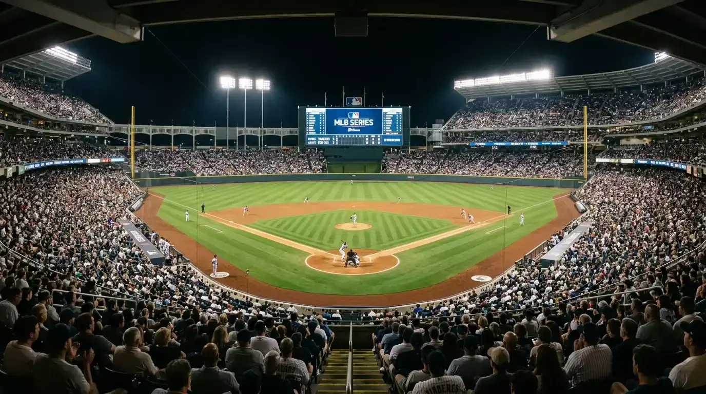 Panoramic view of an MLB ballpark at dusk with the diamond illuminated and fans filling the stands before a playoff series