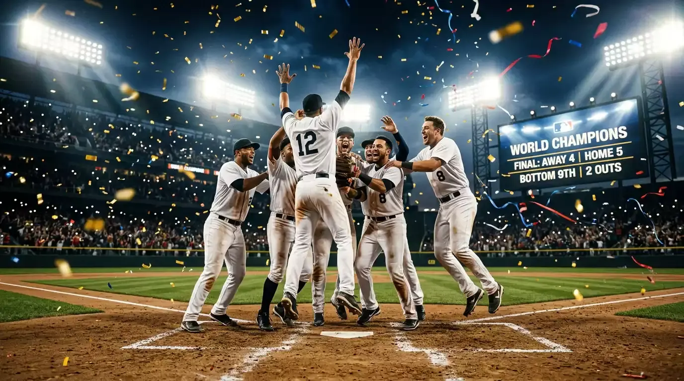 MLB players celebrating on the field after winning a World Series game seven with confetti falling around the diamond